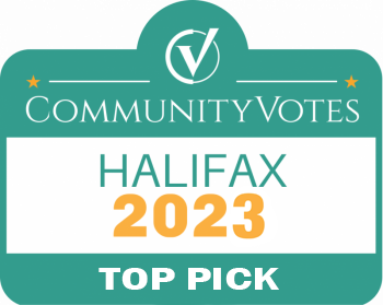 A badge that says community vote halifax 2 0 2 3 top pick.