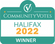 A green and white badge with the words " communityvote halifax 2 0 2 2 winner ".