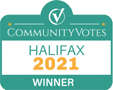 A green and white badge with the words " communityvote halifax 2 0 2 1 winner ".