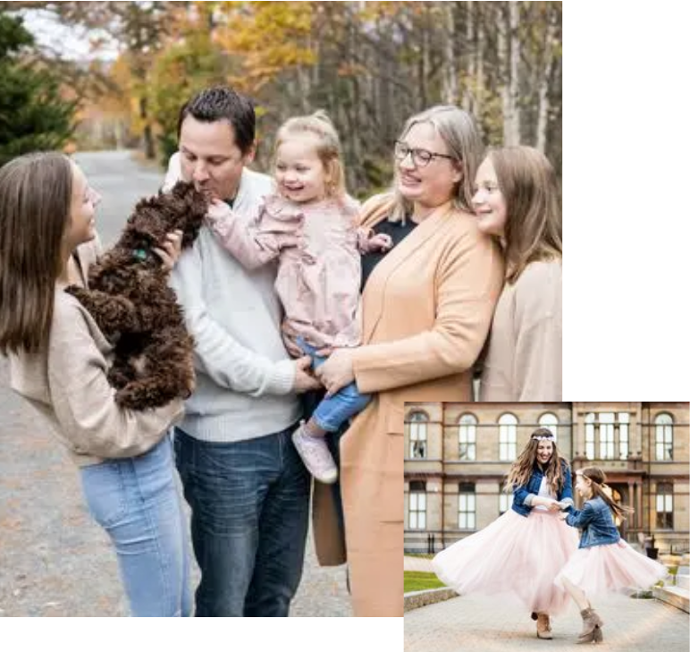 A family with two children and one cat.