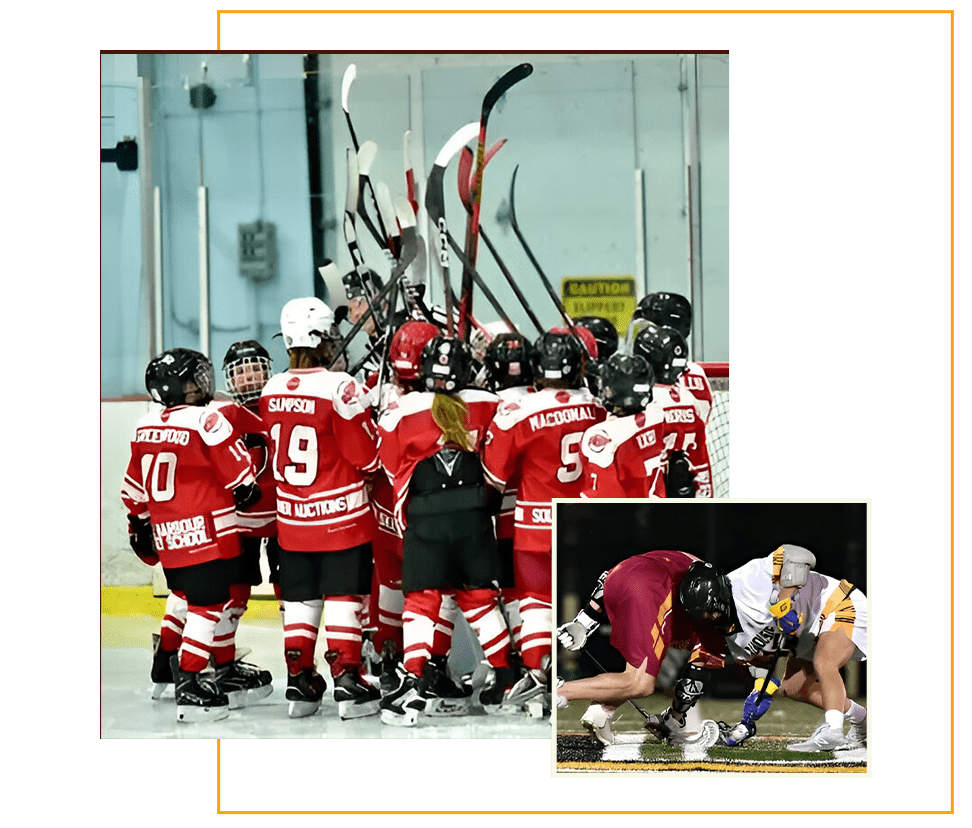 A group of hockey players standing on top of the ice.